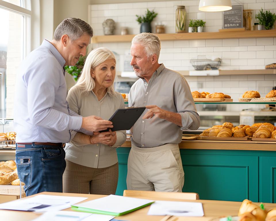 Three generations standing together inside a bright Dublin bakery office, reviewing a succession folder beside a counter