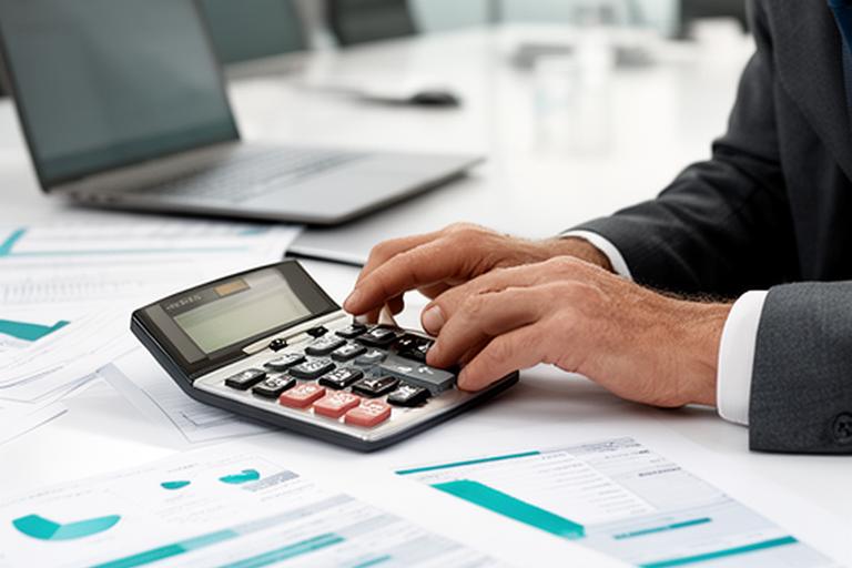 Business owner and adviser examining loan documents beside a calculator and valuation model in a modern Dublin office