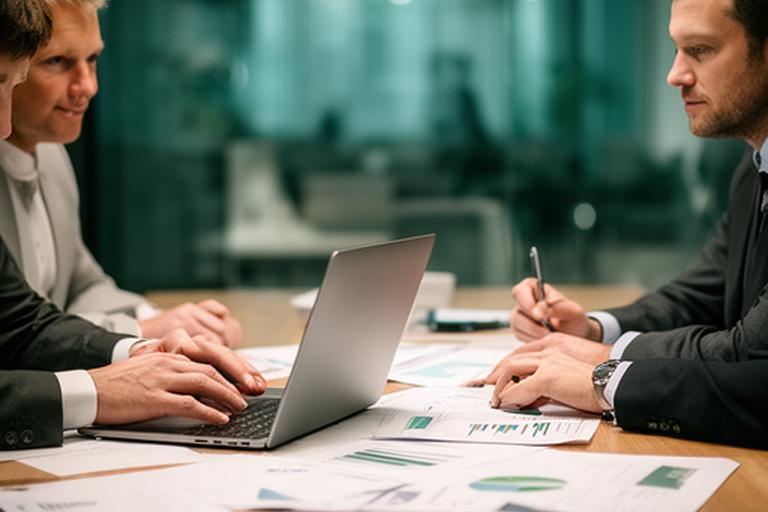Owner-managed business team reviewing a sale valuation report in a Dublin boardroom with printed charts and laptop screens