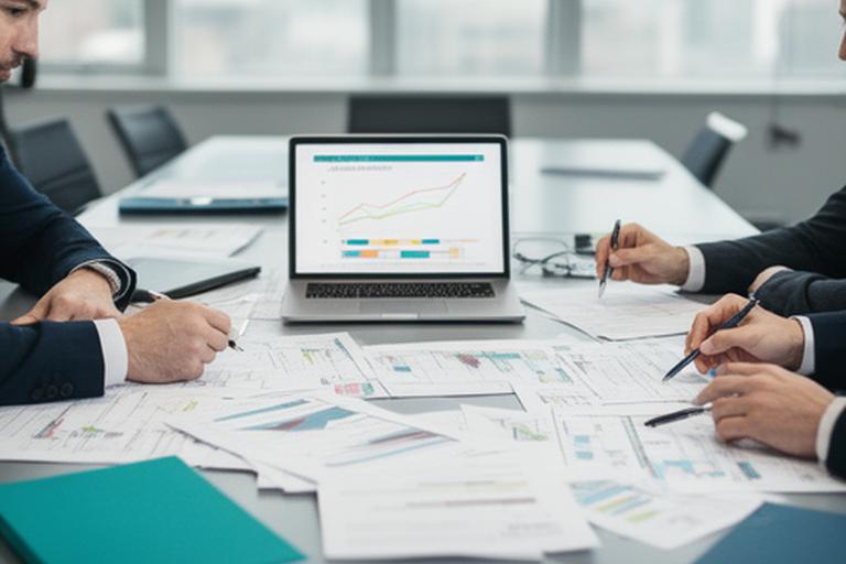 Two business advisers reviewing a valuation report at a conference table with notes, charts, and a laptop in a bright Dublin office