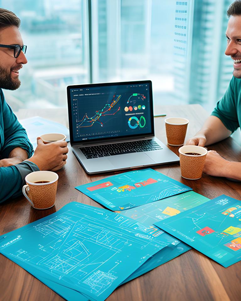 Cork software founders and adviser comparing valuation charts on a laptop during an investment meeting with blueprints and coffee cups on the table