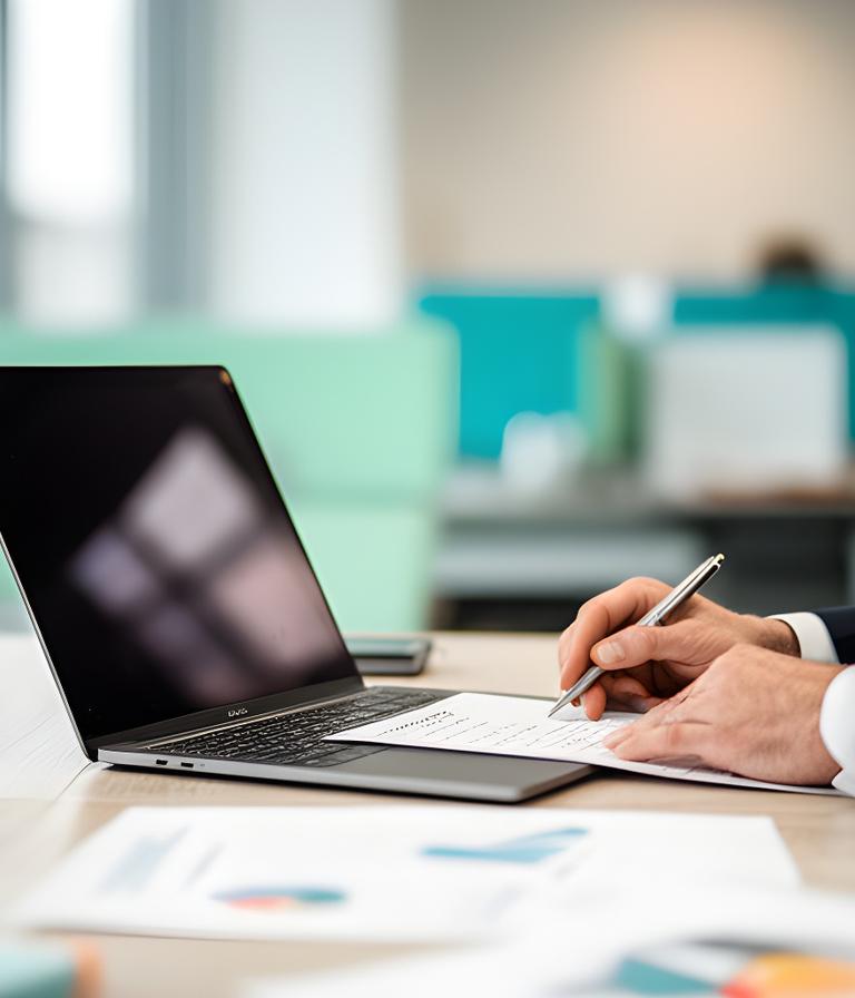 Irish business advisor reviewing dividend planning notes beside a laptop in a bright Dublin office