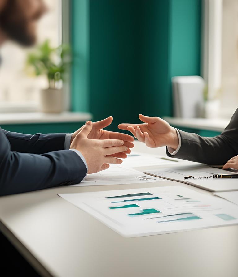 Business advisor speaking with an entrepreneur in a modern Dublin office with printed financial charts
