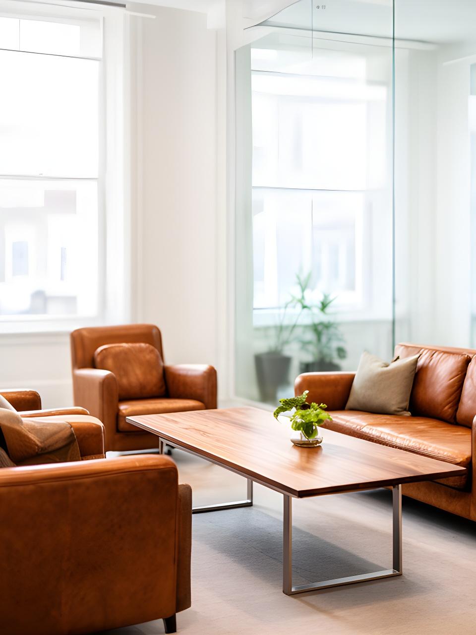 Bright Dublin advisory office lounge with leather chairs, oak table and city daylight