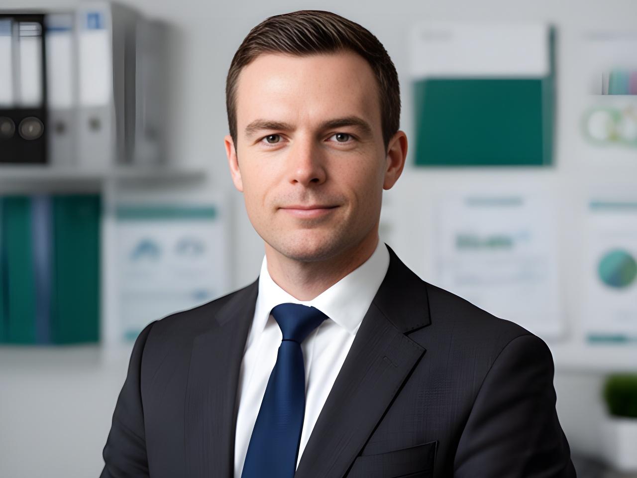 Professional portrait of Ruaidhris in a Dublin advisory office with charts and files in the background
