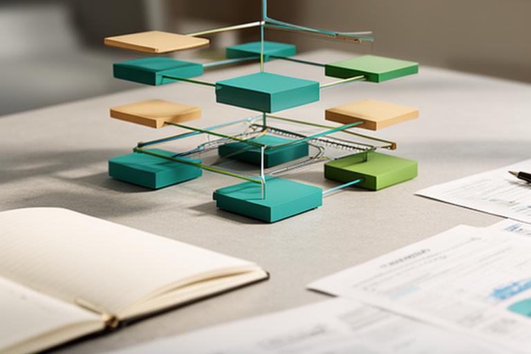 Layered holding company and operating company diagram on a desk beside a financial notebook