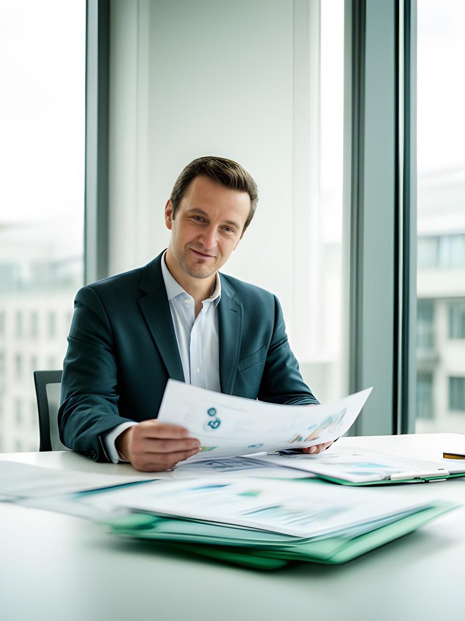 Confident business adviser reviewing BV strategy notes beside a bright Dublin office window