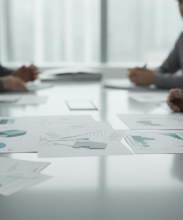 Strategy team reviewing sector acquisition notes beside market charts and legal folders in a modern boardroom
