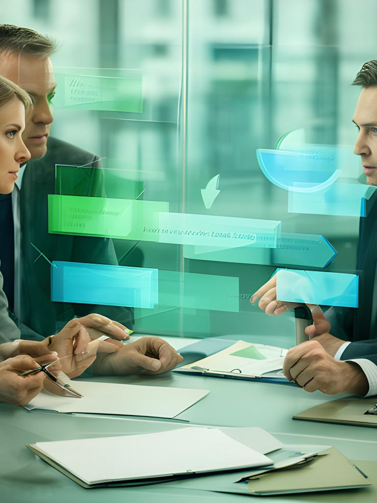 Irish management team reviewing a financing structure board in a modern Dublin office with lender notes and deal charts