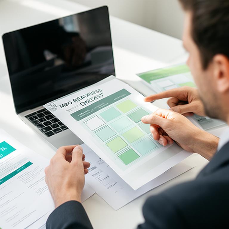 Business owners and managers comparing a buy-out readiness checklist beside a laptop and printed financial forecasts