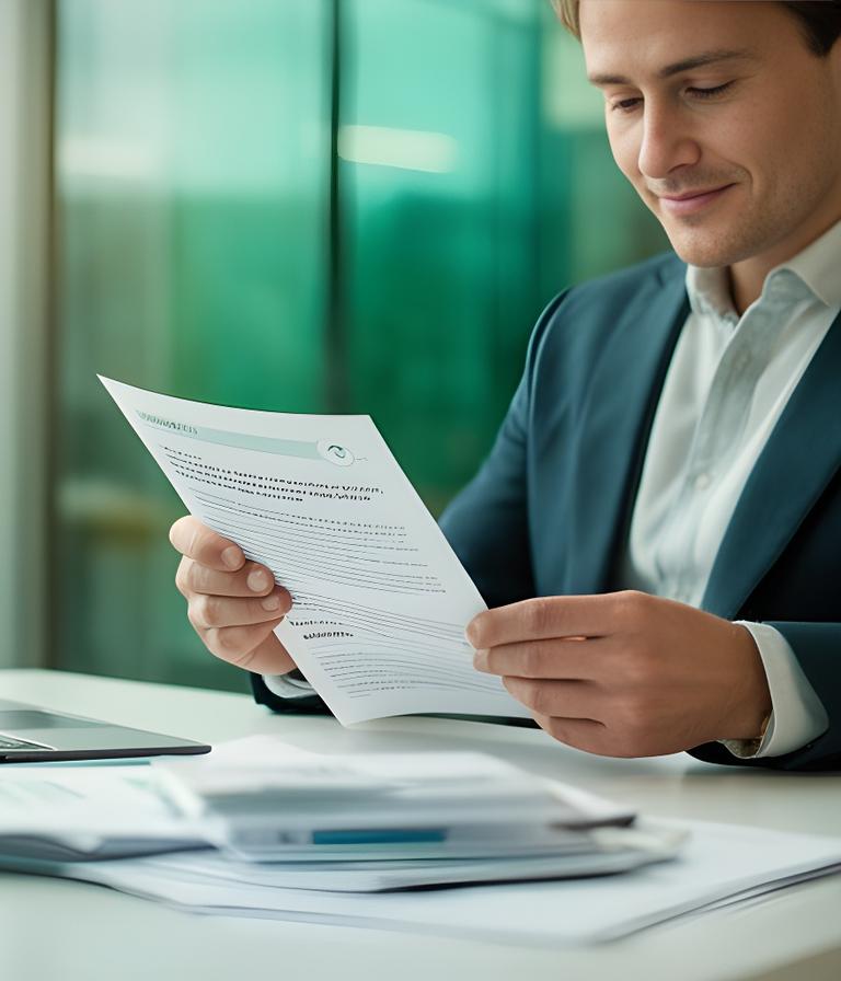 Confident business adviser reviewing secure documents in a modern Dublin office