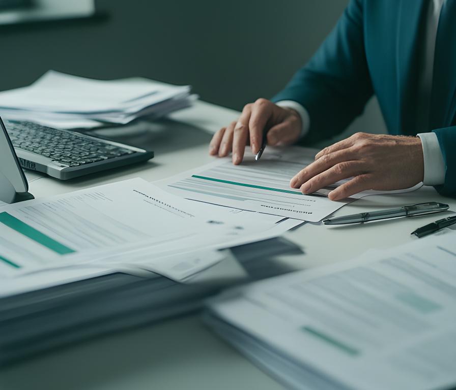 Irish business owner reviewing sale documents in a Dublin advisory office with tax planning notes on a desk