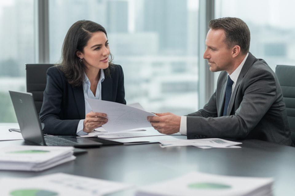 Business owner and adviser reviewing a sale document in a modern boardroom