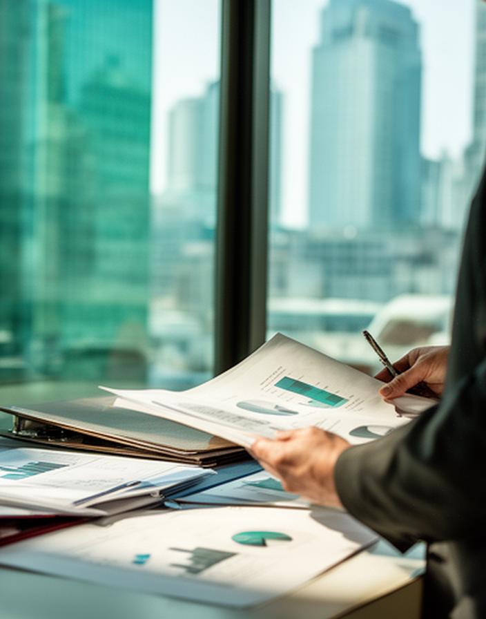 Principal advisor reviewing valuation notes beside a window overlooking a Dublin business district